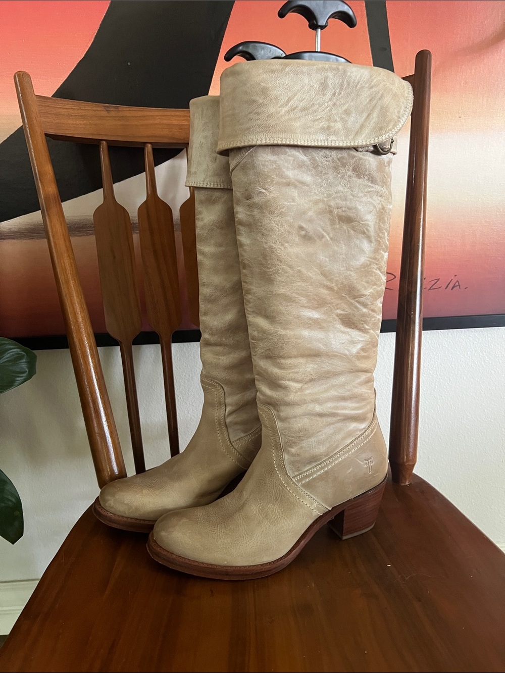 Frye Beige Fold-Over Over-the-Knee Leather Boots